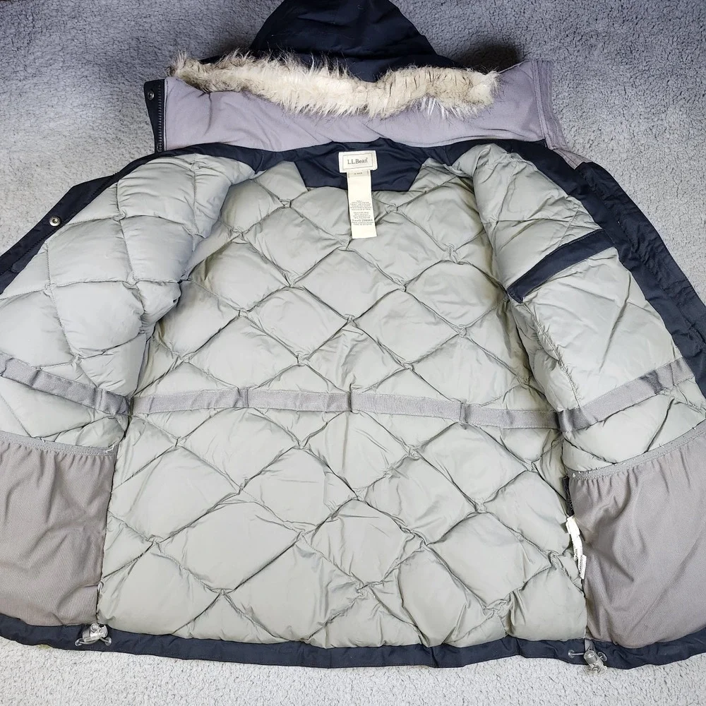 LL Bean Baxter State Parka Jacket Womens Medium Blue Hooded Faux Fur Trim Winter